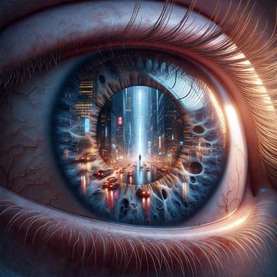The primary subject of the image is a close-up of an eye, showcasing a cityscape through the iris. The setting is a futuristic city, with a mix of buildings and vehicles. The visual style is a combination of photo and digital art, creating a surreal and intriguing scene. The colors are predominantly dark, with the cityscape and vehicles appearing in shades of gray, black, and red. The overall atmosphere is mysterious and captivating, as the viewer is drawn